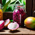 **

A vibrant close-up shot of various colorful fruits (mangoes, dragon fruit, star fruit) and herbs (mint, basil) arranged artfully on a rustic wooden table. Glass jars and bottles of different sizes are partially visible in the background, hinting at the winemaking process. The lighting should be warm and inviting, emphasizing the freshness of the ingredients. The image should convey the idea of locally sourced, high-quality materials.

**