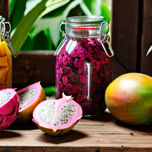 **

A vibrant close-up shot of various colorful fruits (mangoes, dragon fruit, star fruit) and herbs (mint, basil) arranged artfully on a rustic wooden table. Glass jars and bottles of different sizes are partially visible in the background, hinting at the winemaking process. The lighting should be warm and inviting, emphasizing the freshness of the ingredients. The image should convey the idea of locally sourced, high-quality materials.

**