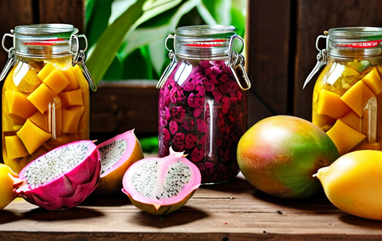 **

A vibrant close-up shot of various colorful fruits (mangoes, dragon fruit, star fruit) and herbs (mint, basil) arranged artfully on a rustic wooden table. Glass jars and bottles of different sizes are partially visible in the background, hinting at the winemaking process. The lighting should be warm and inviting, emphasizing the freshness of the ingredients. The image should convey the idea of locally sourced, high-quality materials.

**