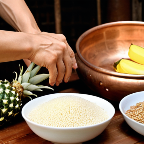 **Prompt:** A close-up shot of a Vietnamese home brewer's hands meticulously selecting and inspecting high-quality, fresh ingredients for traditional rice wine. The scene features a rustic wooden table laden with glistening sticky rice grains (gạo nếp cái hoa vàng), vibrant ripe tropical fruits like pineapples and bananas, and small, traditional Vietnamese yeast cakes (men lá). In the soft background, neatly arranged and sparkling clean basic home distilling tools such as a small copper pot and a glass fermentation jar are subtly visible, hinting at the craft. The lighting is warm and natural, emphasizing the freshness of the produce and the artisanal, caring feel of home brewing. Photorealistic, high detail, warm lighting.