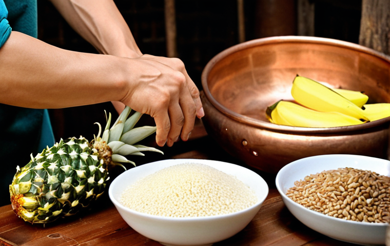 **Prompt:** A close-up shot of a Vietnamese home brewer's hands meticulously selecting and inspecting high-quality, fresh ingredients for traditional rice wine. The scene features a rustic wooden table laden with glistening sticky rice grains (gạo nếp cái hoa vàng), vibrant ripe tropical fruits like pineapples and bananas, and small, traditional Vietnamese yeast cakes (men lá). In the soft background, neatly arranged and sparkling clean basic home distilling tools such as a small copper pot and a glass fermentation jar are subtly visible, hinting at the craft. The lighting is warm and natural, emphasizing the freshness of the produce and the artisanal, caring feel of home brewing. Photorealistic, high detail, warm lighting.