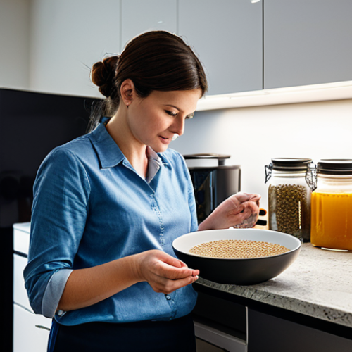A focused adult hobbyist, fully clothed in modest, professional attire, stands in a brightly lit, modern home kitchen. They are carefully examining a bowl of high-quality grains, with a small digital scale and measuring cups neatly arranged on a clean countertop. In the background, sterile glass jars and small fermentation vessels are visible. The scene emphasizes precision and care in the home distillation process, appropriate content, safe for work, perfect anatomy, correct proportions, natural pose, well-formed hands, proper finger count, natural body proportions, professional photography, high quality.
