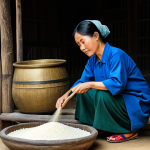 Traditional Rice Wine Production**

"A fully clothed female artisan in modest traditional Vietnamese clothing carefully tending to rice fermentation in a rustic, clean rural setting, appropriate attire, safe for work, perfect anatomy, natural proportions, family-friendly, professional photography, high quality."

**