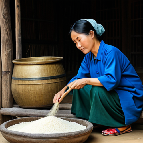 Home 18 Traditional Rice Wine Production**
"A fully clothed female artisan in modest traditional Vietnamese clothing carefully tending to rice fermentation in a rustic, clean rural setting, appropriate attire, safe for work, perfect anatomy, natural proportions, family-friendly, professional photography, high quality."
**