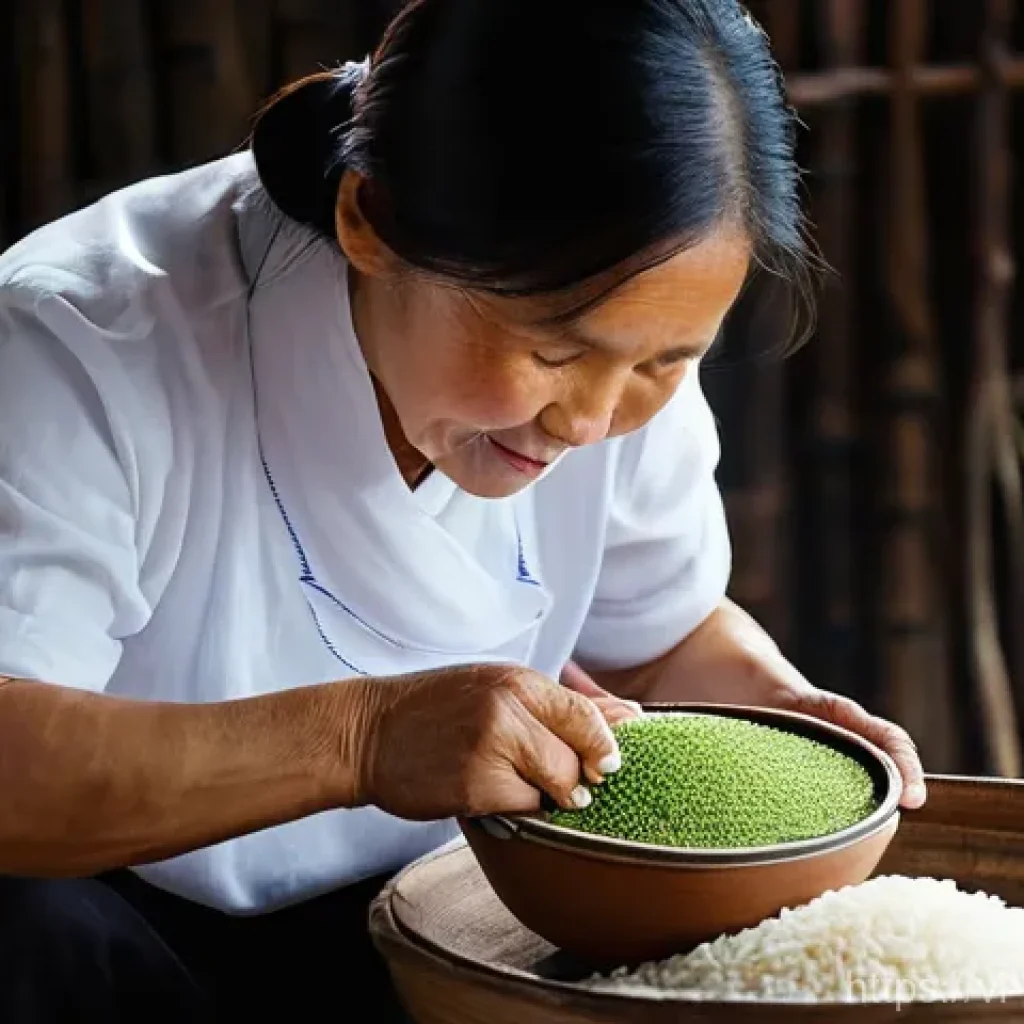 홈메이드 청주 만들기 - A Vietnamese artisan meticulously selecting glutinous rice.**
"A close-up, high-definition photograp...