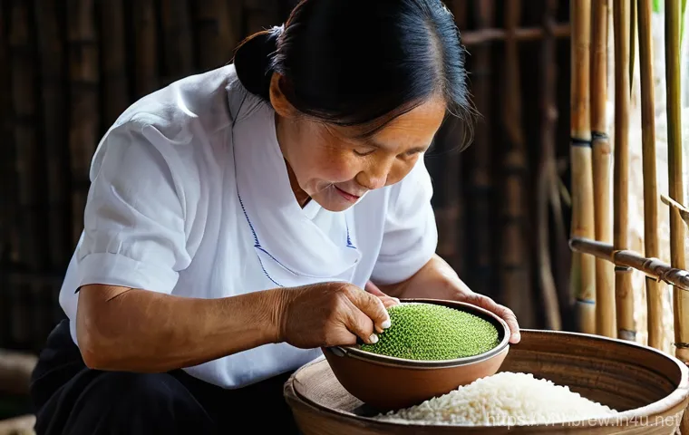 홈메이드 청주 만들기 - A Vietnamese artisan meticulously selecting glutinous rice.**
"A close-up, high-definition photograp...