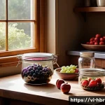 Home 17 홈메이드 무알콜 와인 만드는 법 - A bright, cozy kitchen scene featuring a rustic wooden table with fresh, ripe purple grapes, red app...
