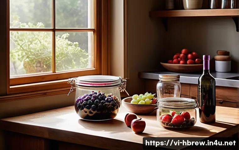 홈메이드 무알콜 와인 만드는 법 - A bright, cozy kitchen scene featuring a rustic wooden table with fresh, ripe purple grapes, red app...