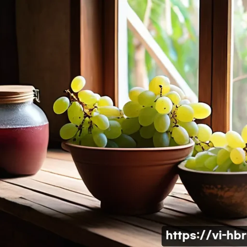홈메이드 술 전문가 인터뷰 - A rustic home fermentation setup for traditional Vietnamese fruit wine making, featuring fresh ripe ...
