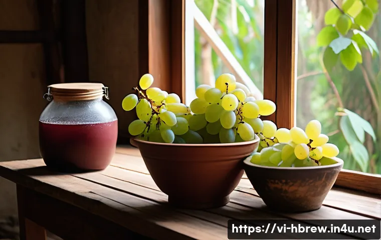 홈메이드 술 전문가 인터뷰 - A rustic home fermentation setup for traditional Vietnamese fruit wine making, featuring fresh ripe ...