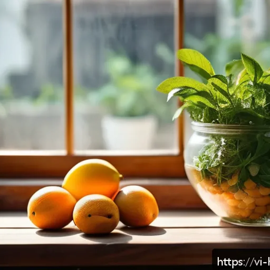 홈메이드 술 환경친화적 양조 - A detailed, vibrant scene of an artisan home fermentation setup in a cozy Vietnamese kitchen: organi...