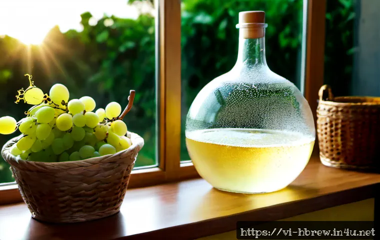 Home 17 홈메이드 스파클링 와인 발효 - Photorealistic Vietnamese home kitchen scene showing homemade sparkling wine fermentation, a large c...
