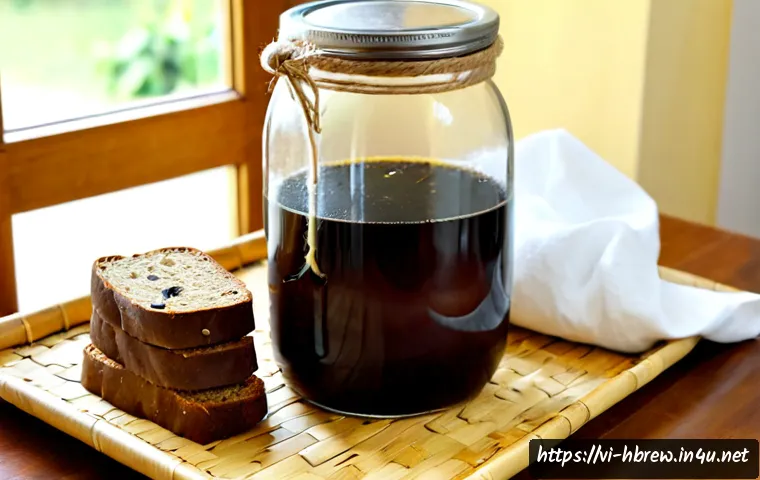 Home 17 홈메이드 크바스 발효법 - Photorealistic Vietnamese home kitchen scene showing homemade bread kvass fermenting in a large clea...